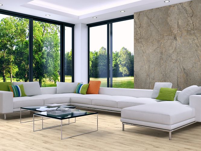 Wodoodporne panele Borgo Oak R112 XL zamontowane w salonie