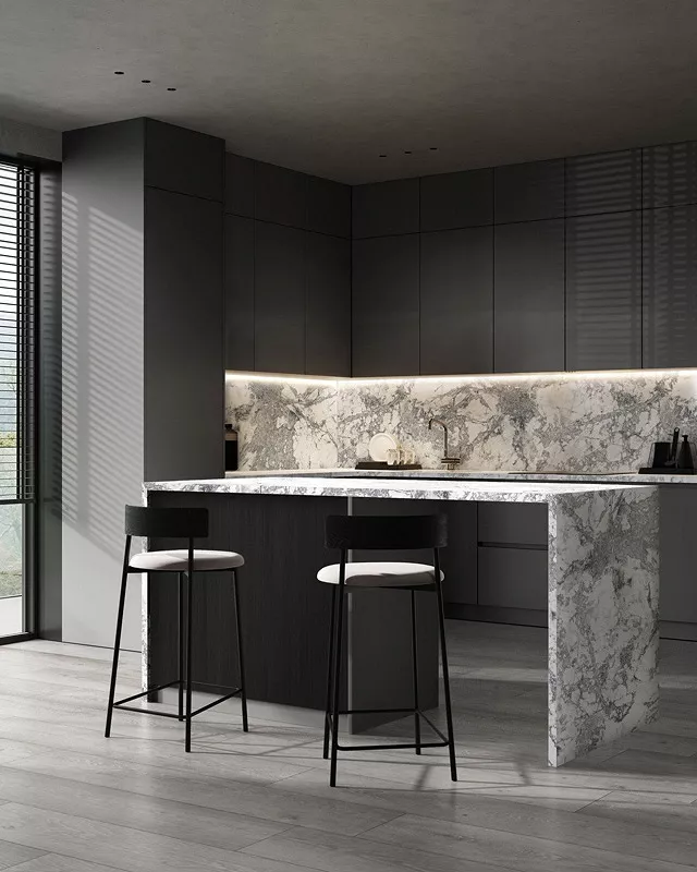 Elegancki bar z blatem Slim Line Biały Marmur Lodowy w połączeniu z płytą meblową Jesion Surfside Stalowy K526