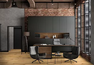 Płyta meblowa laminowana Dąb Silverjack Postarzany K545 połączona z Bazalt 0166 inspiracją do eleganckich gabinetów