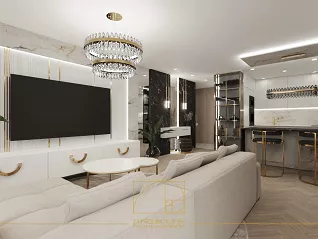 Zjawiskowy biało - złoty salon w apartamencie