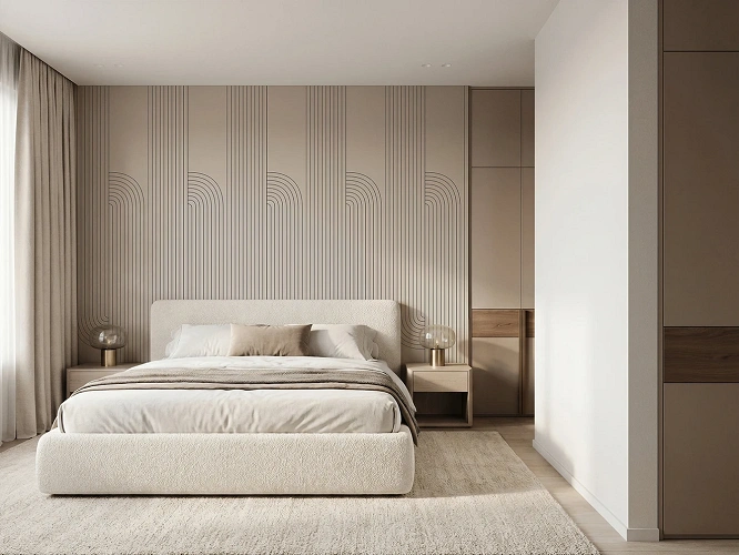 Płyty ścienne MDF Pure Wall Arkadia Kaszmir 5981 na ścianie w sypialni
