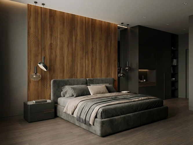 Płyty ścienne MDF Pure Wall Arkadia  Dąb Barokowy Bursztynowy K536 na ścianę za łóżkiem