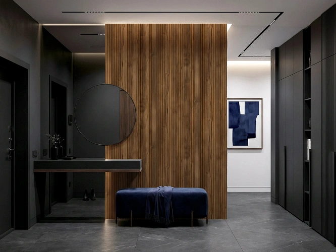 Płyty ścienne MDF Pure Wall Linex Dąb Barokowy Bursztynowy K536 w garderobie